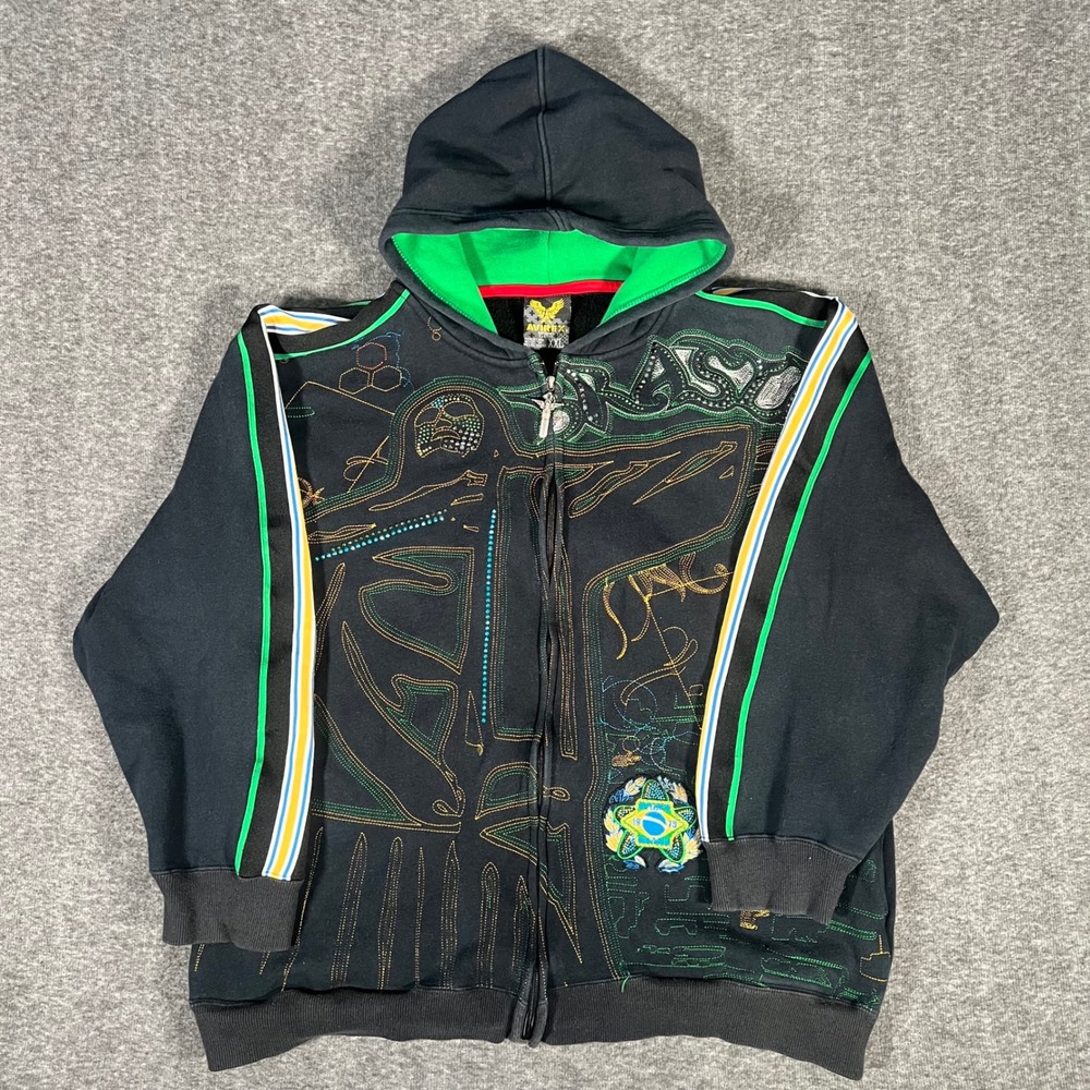 Vintage Avirex Brasil Jacket Mens XXL Blk Full Zip Hoodie Embroidered Rhinestone
